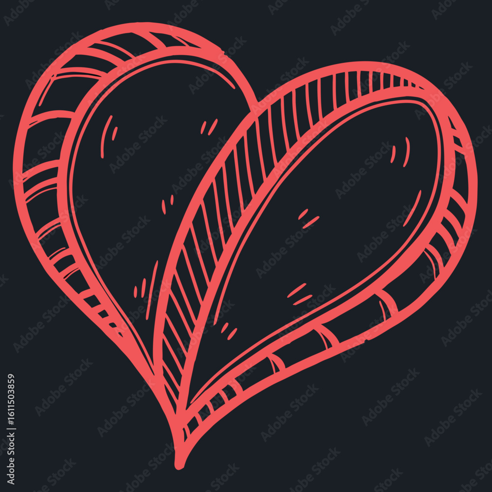 Poster vector art of a red handdrawn heart with decorative lines conveys love and affection on a dark backg