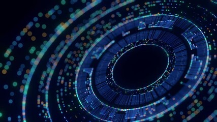 This abstract digital background showcases interconnected lines, glowing dots, and concentric circles, illustrating concepts of global networks, artificial intelligence, and big data processing. - Powered by Adobe