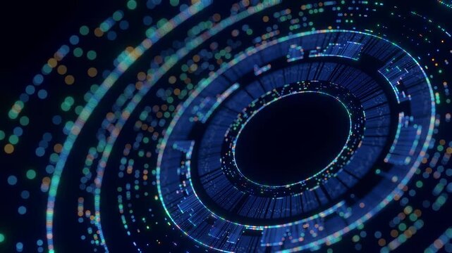 This abstract digital background showcases interconnected lines, glowing dots, and concentric circles, illustrating concepts of global networks, artificial intelligence, and big data processing.