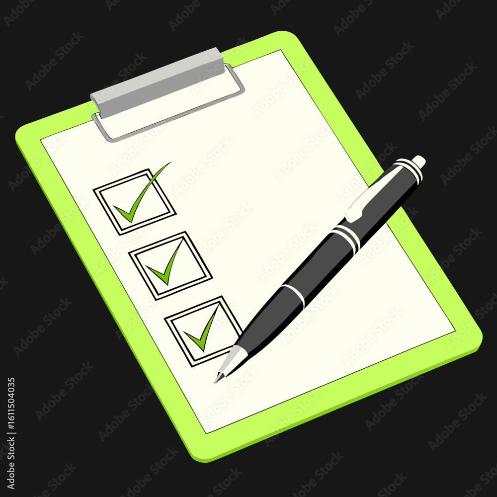 Poster vector art of a green clipboard with a checklist and a pen shows tasks completed and approved