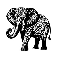 An ornate elephant with intricate tribal patterns stands proudly