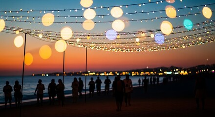 People enjoy a beach party under string lights at sunset