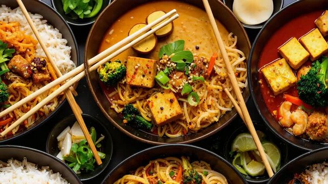 Asian food buffet showing variety of dishes with chopsticks and ingredients.