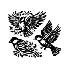 Fototapeta premium Three stylized birds in flight with decorative feathers