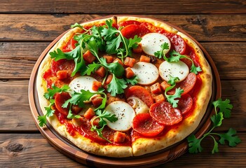 Arugula, salami, and cheese pizza on rustic wooden board,  recipe,   wooden board
