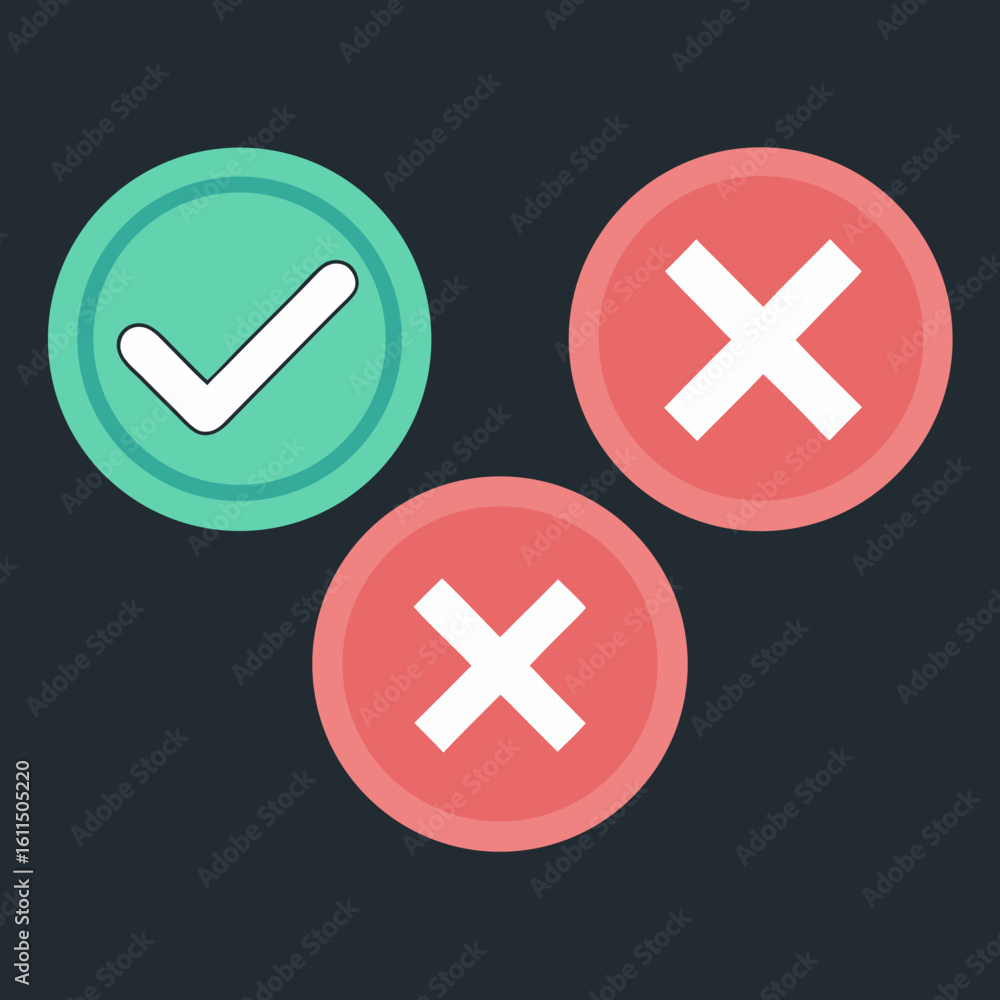 Poster vector art of three colorful circular icons, one with a check mark and two with crosses, represent c