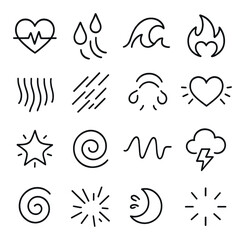 Set of minimalistic icons representing elements and weather in black and grey