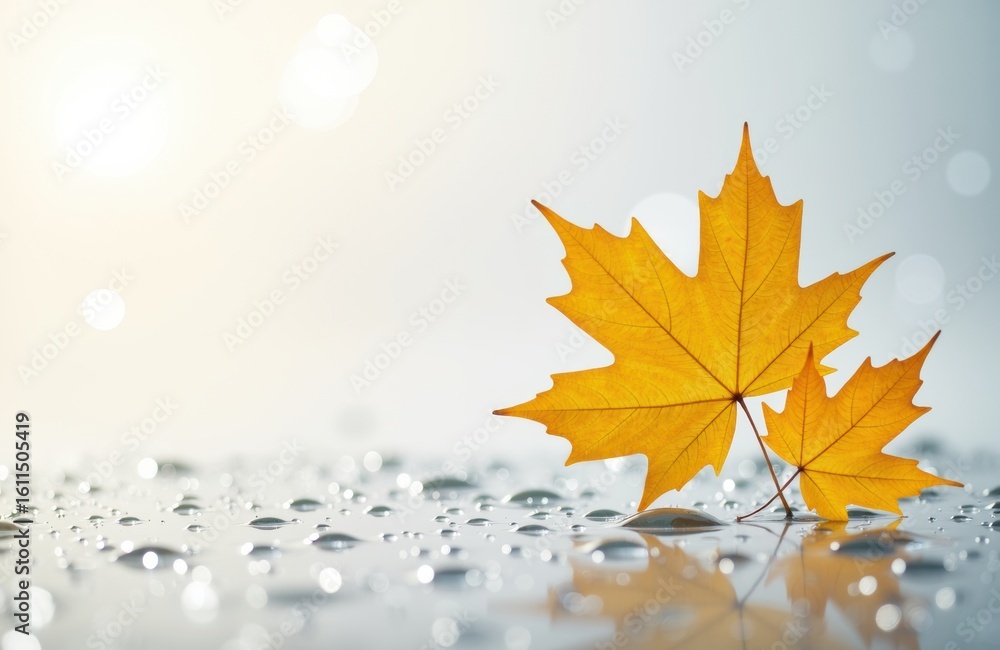 Poster yellow maple leaves resting on a wet surface with water droplets and soft sunlight in the background