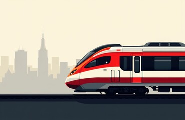 High-speed train moving through city skyline with skyscrapers and urban landscape