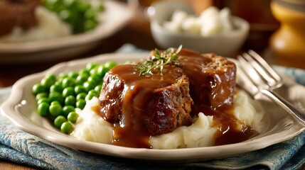 Plate of meatloaf with brown gravy mashed potatoes and peas served in a cozy family kitchen