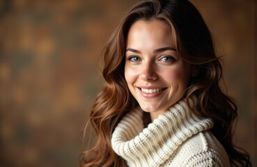 Fototapeta premium Woman with long wavy brown hair smiling warmly in a cozy cream turtleneck sweater