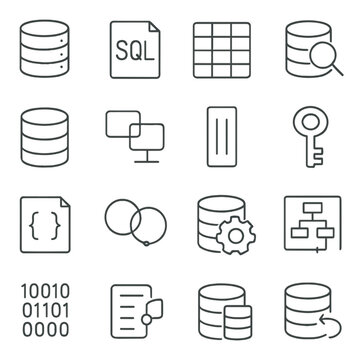 Database and programming icons including sql and data visualization symbols