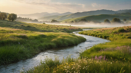Peaceful River and Green Valley Landscape