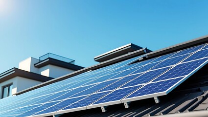 Solar panels installed on a rooftop with a clear sky, modern house in the background representing clean energy and sustainable living  

