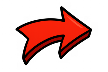 Bold red cartoon arrow with black outline directing rightward on transparent backdrop, representing forward movement and guidance