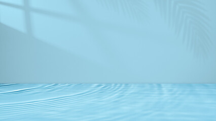 Water Surface Texture on Blue Wall Studio with window Light, Shadow Palm Leaves Backdrop, Pure water Podium Display and water floating Concept Summer cosmetic or moisturizer