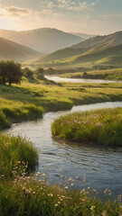 Peaceful River and Green Valley Landscape