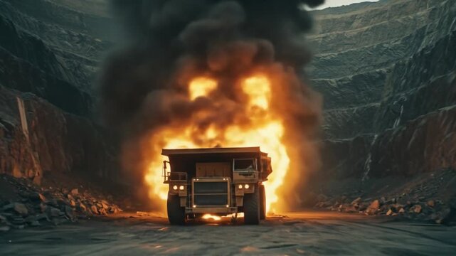 Dramatic footage of a mining truck on fire in a quarry. Ideal for use in safety training, industrial accident illustrations, or cinematic disaster scenes.