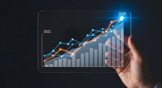 Analyzing business growth charts and financial data from tablet for future forecast - Powered by Adobe