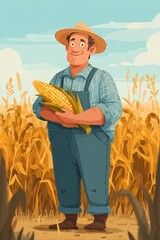In a colorful cartoon landscape, a master farmer stands proudly in a cornfield, holding a single freshly harvested corn cob.