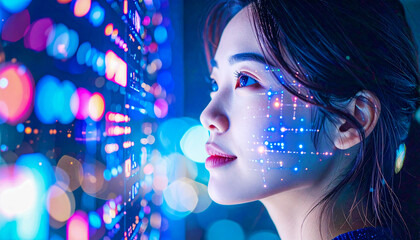 profile of woman's head with digital data overlay on her face. Vibrant glow, natural light effects. AI concept