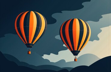 Obraz premium Two colorful hot air balloons floating in the sky with clouds and mountain silhouettes