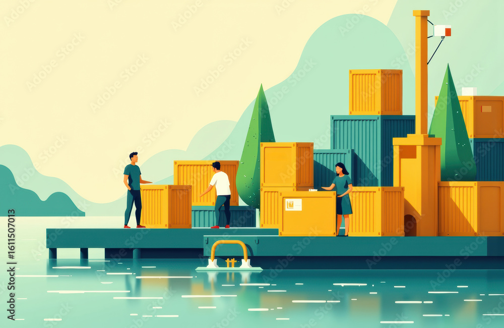 Poster cargo containers stacked on a dock with workers loading and unloading in a port scene