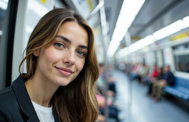 Obraz premium A woman with long brown hair smiling in a modern subway station