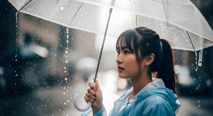 A thoughtful young woman with a ponytail holds a transparent umbrella, looking sideways during a rainstorm.