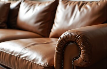A close-up view of a brown leather sofa with rolled armrests and detailed stitching