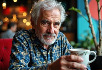 Elderly man with gray hair and beard enjoying a coffee in a cozy cafe setting