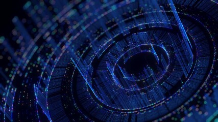 This abstract digital background showcases interconnected blue lines, glowing colorful dots, and intricate concentric circles, illustrating concepts of global networks, artificial intelligence, and - Powered by Adobe