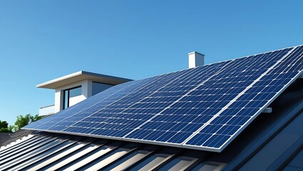 Solar panels installed on a rooftop with a clear sky, modern house in the background representing clean energy and sustainable living  

