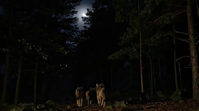 Eye level, A majestic wolf running through a dense forest in cinematic style. Ideal for nature documentaries, film assets, wildlife backgrounds, or environmental storytelling.