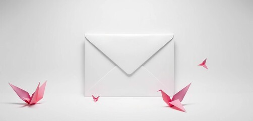 Elegant white envelope, origami birds, minimalist studio backdrop ,   top view,  origami bird