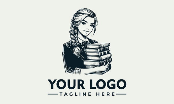Vintage style logo featuring a woman holding a stack of books, representing education and knowledge.