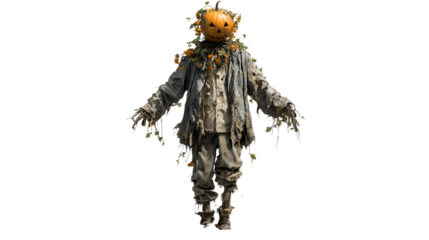 A realistic image of a scarecrow with tattered clothes and a pumpkin head, isolated on white background