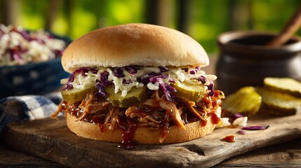 Pulled pork sandwich with tangy BBQ sauce pickles and slaw in a backyard picnic setting