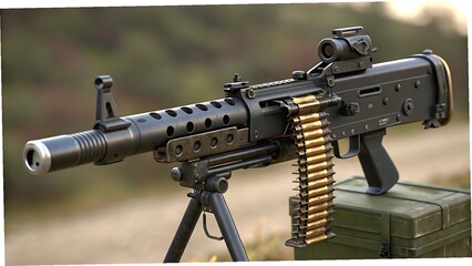 Black machine gun with ammunition belt and optic sight on green ammo box