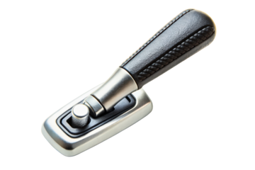 Black and silver car handbrake lever with textured grip isolated with transparent background