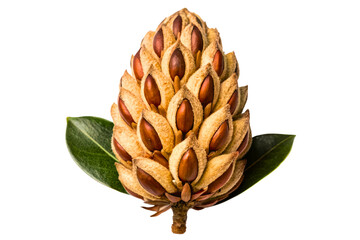 Cone shaped magnolia seed pod with fuzzy segments and green leaves isolated with transparent background