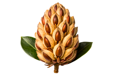Cone shaped magnolia seed pod with fuzzy segments and green leaves isolated with transparent background