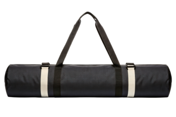 Black cylindrical carrying bag with adjustable shoulder straps isolated with transparent background