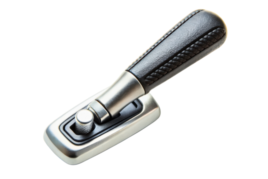 Black and silver car handbrake lever with textured grip isolated with transparent background