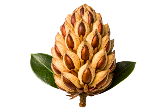 Cone shaped magnolia seed pod with fuzzy segments and green leaves isolated with transparent background