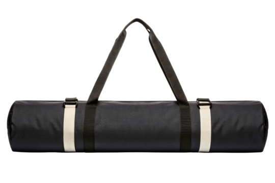 Black cylindrical carrying bag with adjustable shoulder straps isolated with transparent background