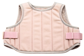 Soft pink padded vest with adjustable straps and gray trim for comfort isolated with transparent background