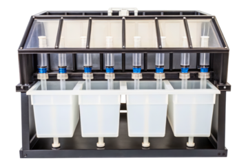 Automated liquid dispensing system with multiple containers and tubes isolated with transparent background