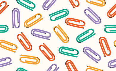 Hand drawn school stationery seamless pattern. Colorful children supplies, paper clip, geometric elements for education, study, sticker, banner. Back to school background. Flat vector illustration.