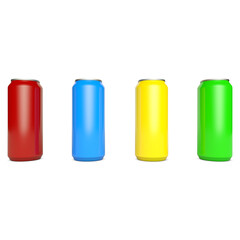 Colorful Blank Aluminum Soda Cans on White Background – Red, Blue, Yellow, and Green Beverage Packaging Mockup for Branding and Advertising